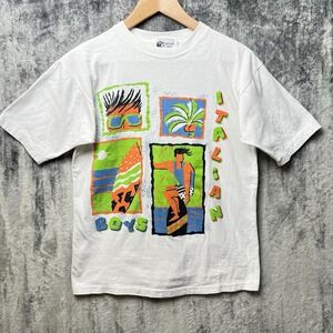 Vintage 80s 90s Italian Boys Surf Shirt Single Stitch White Neon Graphic Size S